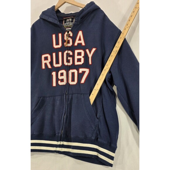 Vintage 90s Rugby USA Track Jacket Hoodie Letterman Varsity Patches Blue Men 3XL - Picture 7 of 16
